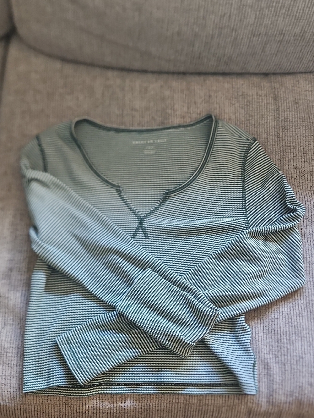 American Eagle Striped Long Sleeve Crop Tee - Green & White